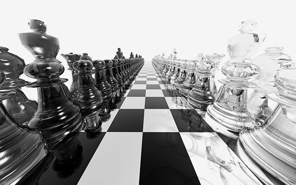 3d šahovska tabla sa jako približenim crnim i belim figurama